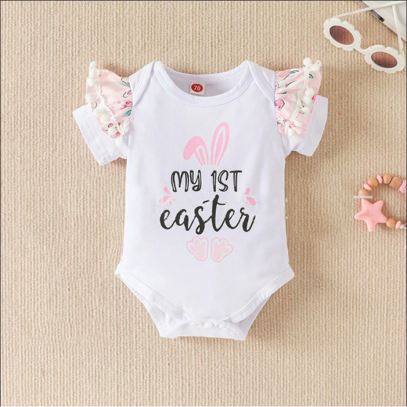 Conyson RTS Summer Letter Romper Suspender Shorts With Kneecap Three Pieces Cute Baby Girl Clothes Easter Kids Wear Clothing