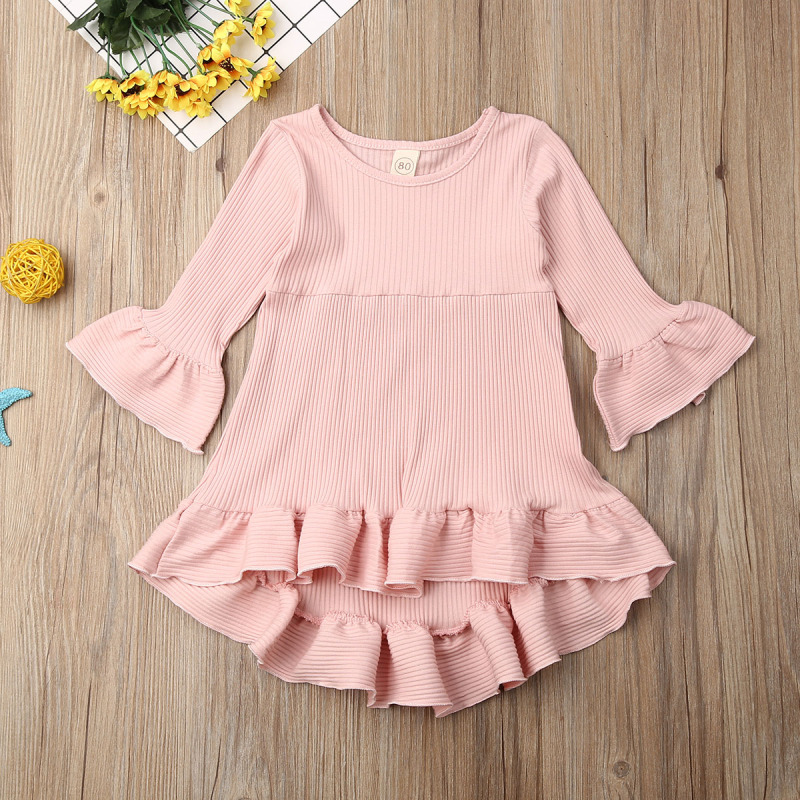 Conyson Hot Sale Princess Kids Clothes Baby Girls Flower Skirt Knitted Solid Long Flared Sleeve Ruffle Tutu Wedding Party Dress