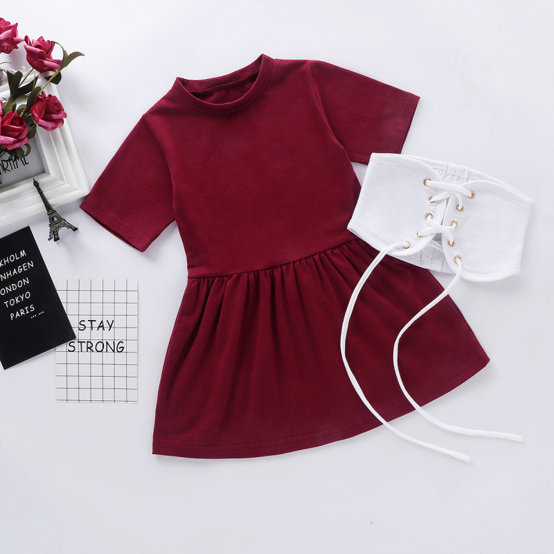 Conyson Hot Sale Cute Kids Baby Girls Dress+Belt 2Pcs Long Short Sleeve Letter A-Line Dress+Plaid Belt Vest Outfits Set