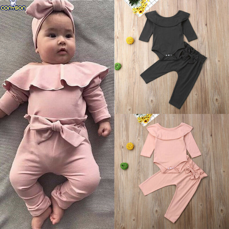 Conyson Toddler Kids Baby Girl Ruffle Bodysuit Romper Top Solid Bowknot Pants Trousers Autumn Cotton Long Sleeve Outfit Clothes