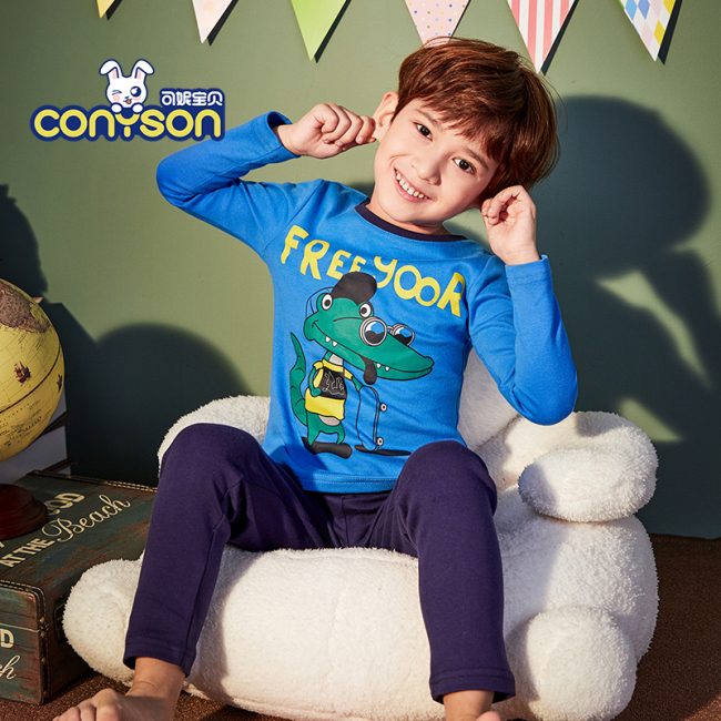 2020 Hot Sale O-Neck Customize 4-14Years Cartoon Breathable Knitted 2 Piece Cute Pajama Set