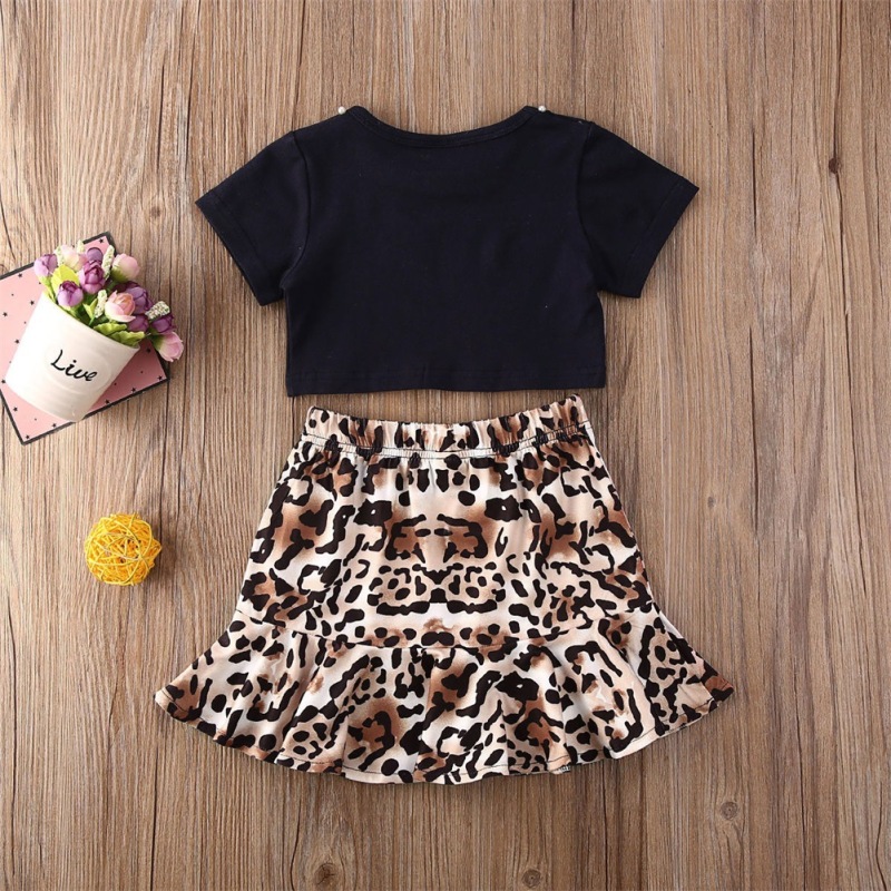 Conyson Wholesale Summer Fashion Short Sleeves Vest with Pearls+Vintage Leopard Printed Skirt 2Pcs Kids Baby Girls Clothing Sets