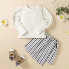 Conyson Spring Autumn New Arrivals Two Piece Set Puff Sleeve Tops Stripe Hypotenuse Short Skirt Baby Girls' Clothing Sets