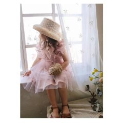 Conyson Hot Wholesale Summer Cotton Sleeveless Korean Style Shirring Design 3-8 Years Kids Clothing Girls Lace Tulle Dresses