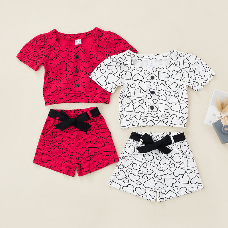 Conyson Fashion Kids Girls 2pcs Clothes Sets Love-heart Printed Ribbed Square Neck Short Sleeve T-shirts Shorts Casual Outfits