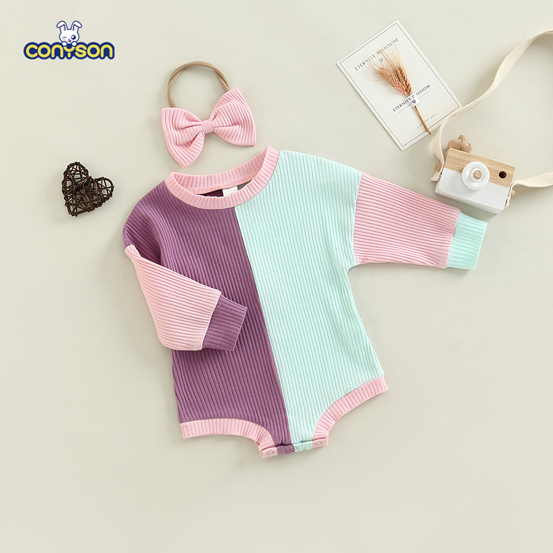 Conyson New Style Girl Baby Clothing Patchwork Jumpsuits Knitted Sweater Button Romper Suits Cute Infant Ribbed Playsuit