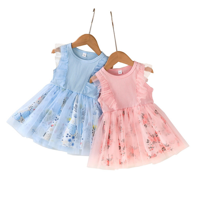Conyson Arrival Summer Sleeveless Ruffle Kid Cotton Print Splicing Girl Dresses 1-5 Years Birthday Clothing Baby Girls Dresses