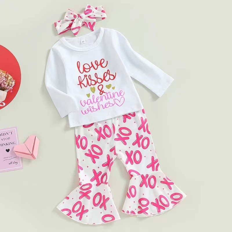 Conyson New Style Spring Autumn Long Sleeve Letter Printing With Headband Girls Kids Valentine's Day Two Piece Girl Clothes Set