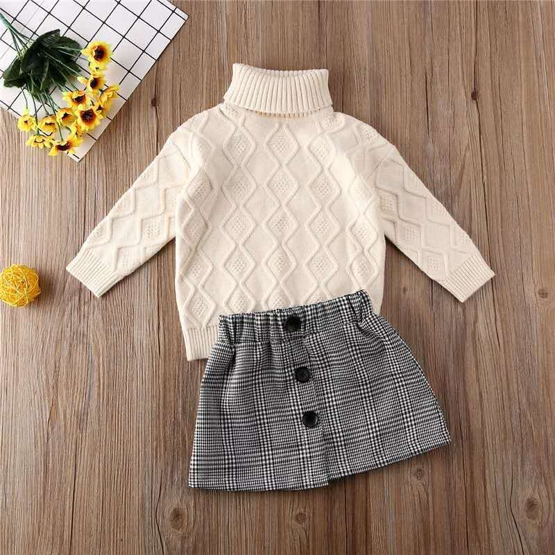 Fashion Fall Warm Winter Kids Baby Girls Turtleneck Knit Sweater Tops Plaid Print Mini Skirt Outfit Set