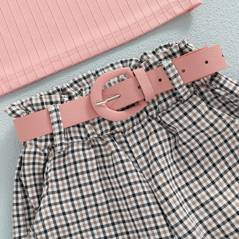 Conyson Fashion 1-6Y Kids Girls Autumn Clothes Sets Long Puff Sleeve Solid Tops Belt Plaid Print Pants 2 Piece Girl Outfits