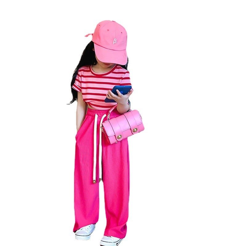 Conyson Summer Western Style Striped Short Sleeve Pink 5-10 Years Anti-mosquito Girls 2 Piece Short Set For Kids Clothing Set