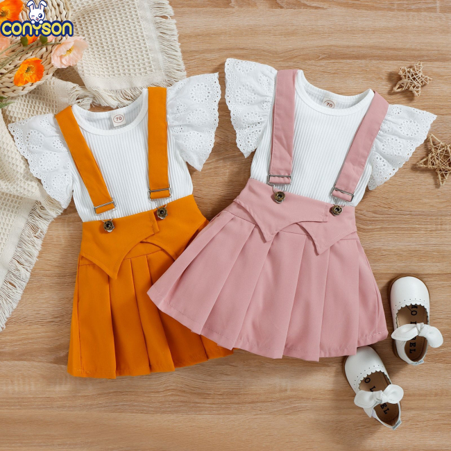 Conyson High Quality Wholesale Cute Soft Toddler Flying Sleeve Clothes Baby Girl 2 Pieces Sleeveless Cotton Summer Kids Romper