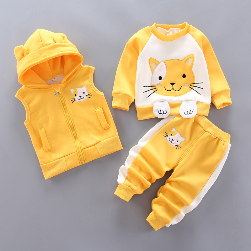 Conyson Autumn Winter Baby Boys Clothes Sets Thick Fleece Cartoon Bear Jacket Vest Pants 3Pcs Cotton Sport Suit For Girls Warm