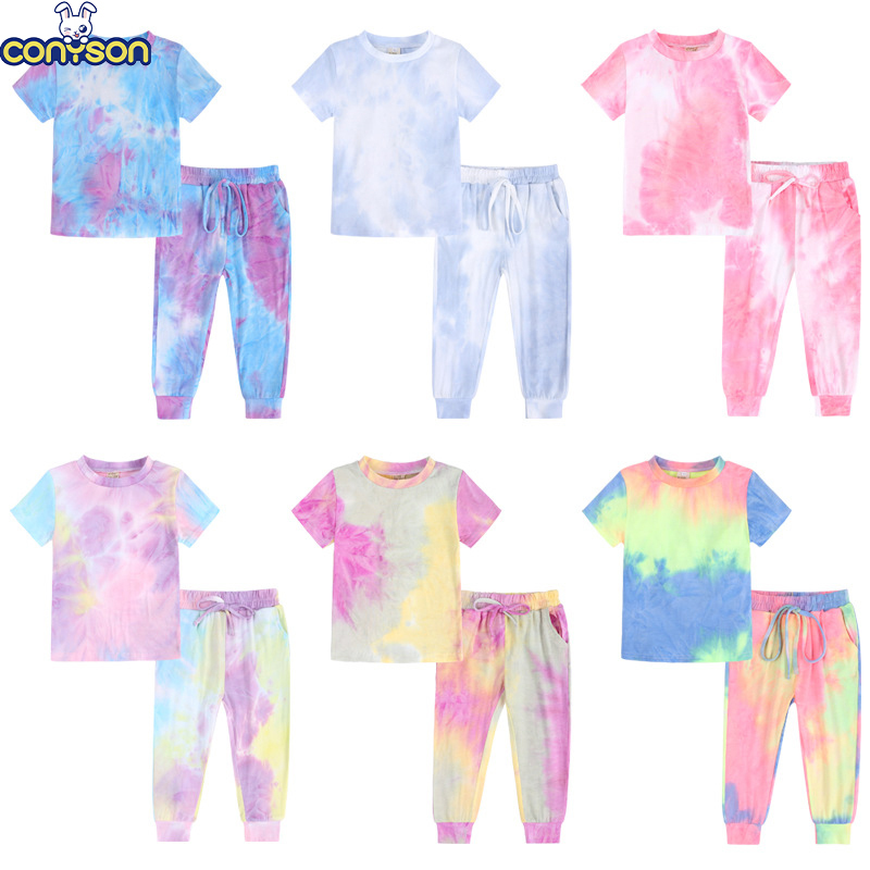 Conyson Wholesale Custom Summer sportswear Colorful Art Stationary Home Outdoor unisex Kids Clothing 2 Pieces Shirt Kids Sets