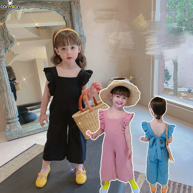 Conyson new arrive hot sale korea summer fashion designer kids cotton clothes 2-6years girl solid short sleeve clothing jumpsuit