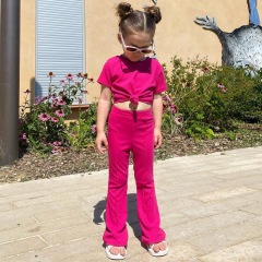 Conyson 2023 Custom New Arrive Hot Sale Fashion Solid Color Designer Boutique Outdoor Flared Pants Girl Kids Clothing Shirt Sets