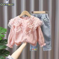 Conyson New Arrival Sweet Lapel Lace Blouse And Jeans 3 to 8 Years Old Kids Girls Fashion Size Two Piece Spring Autumn Sets