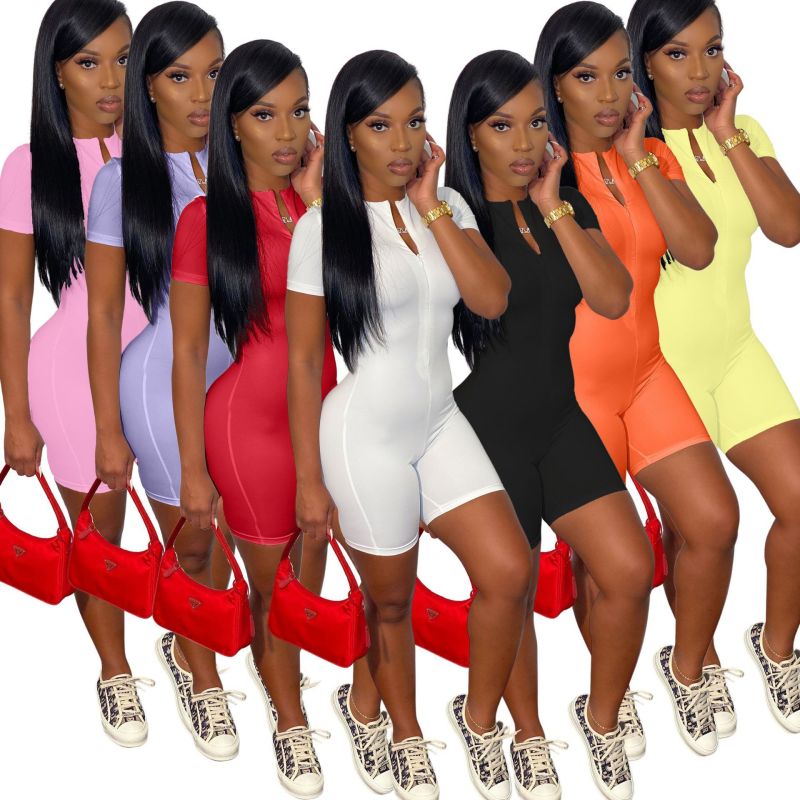 high quality new arrival fashion Summer designer Solid color Custom logo women one piece zipper clothing adult Ribbed clothes