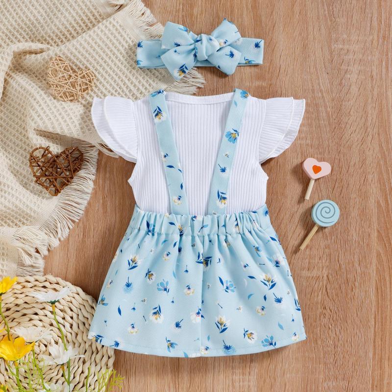 Conyson high quality fashion summer Korean cotton Toddler kids short sleeve Clothing Suit Girl 3 Pieces Outfits baby clothes set