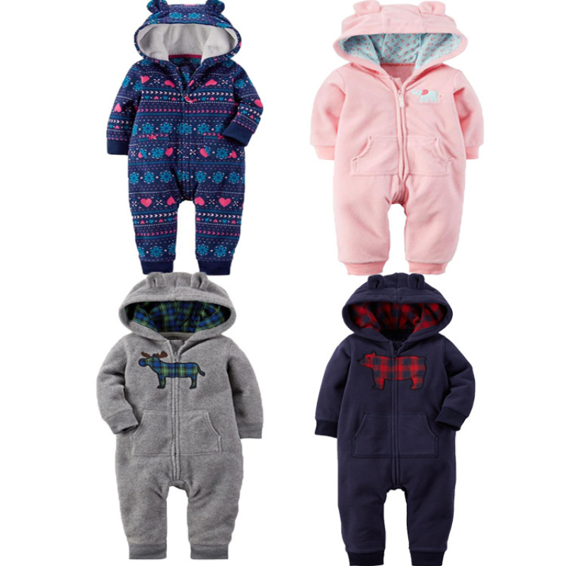 New Style Winter Warm Baby Clothes Long Sleeve Flannel Bodysuit Animals Pattern Hooded Romper