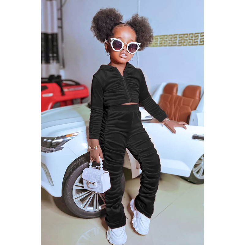 Conyson Latest Spring Velvet New Design Stacking Pants Outfit Kids Girl Autumn Two Piece Set Kids Hoodies Kids Fall Clothing Set