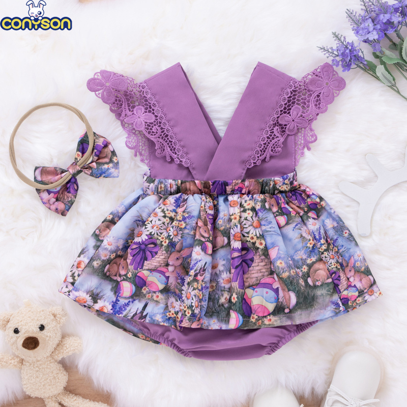 Conyson Wholesale Kids Clothes Baby Summer Short Sleeve Easter Gift Bunny Rabbit Print Purple Lace Princess Romper Headband Set