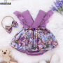 Conyson Wholesale Kids Clothes Baby Summer Short Sleeve Easter Gift Bunny Rabbit Print Purple Lace Princess Romper Headband Set