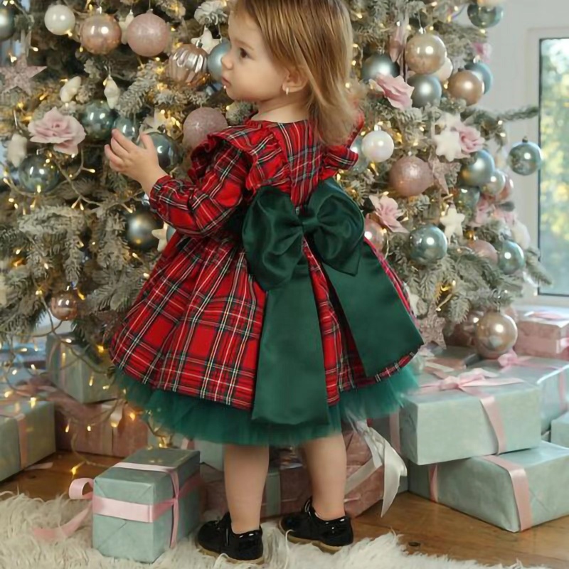 Conyson Hot Princess Kids Girls Christmas Dress Ruffles Long Sleeve Plaid Lace Patchwork Tulle Tutu Dress Baby Bow Santa Hot