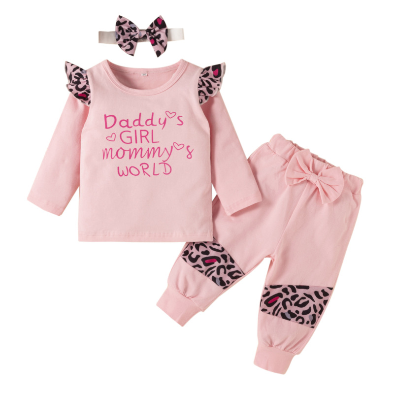 New Splicing Printing Flying Sleeve Bow Three-piece Suit Winter Children's Girls Leopard Letter Kids Clothes Girls Sets