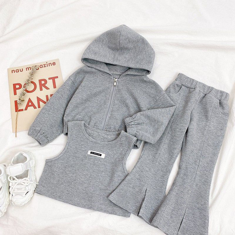 Conyson Casual Summer Kids Girl Sports Clothes Zip Hoddie Set Cotton Flared Cotton Pant Vest 3pcs Outfits Girls Tracksuit Suits