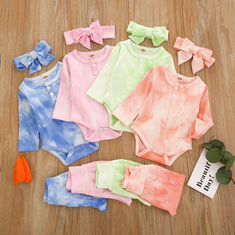 2021 New Winter three-piece tie-dyed Newborn Baby Girl Clothes  Romper Jumpsuit +headband
