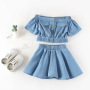 Summer New Fashion Girls Summer Hot Sale Toddler Girl Clothing Set Kids Off Shoulder Button Denim Top And Jeans Skirt Set