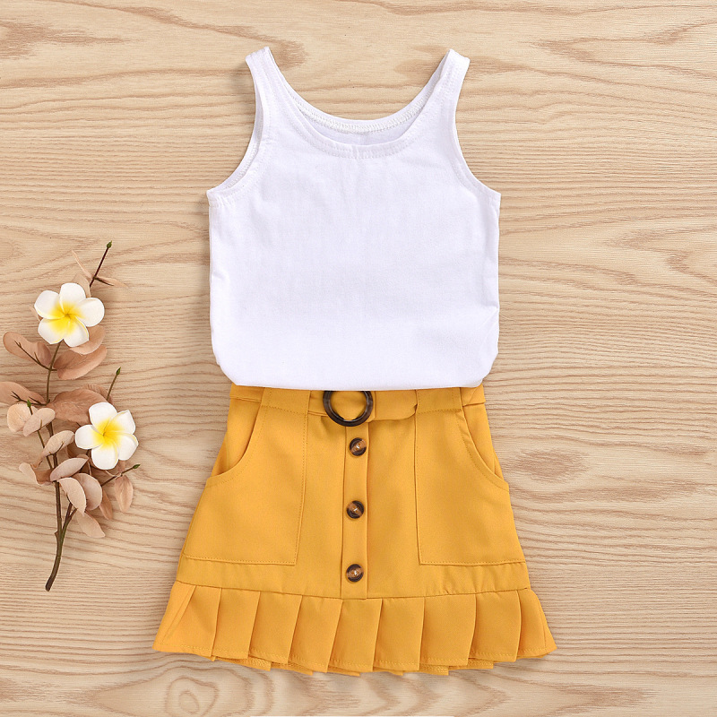 New Girl Suit Yellow Short Skirt Two Piece Baby Children Wholesale Kids Summer White Tank Romper Skirt Summer Sets Girls