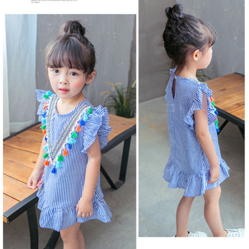 wholesale 2021 Summer Popular striped Round neck Ruffle Fly Sleeve parent-child clothes baby Girls Tassel Dress
