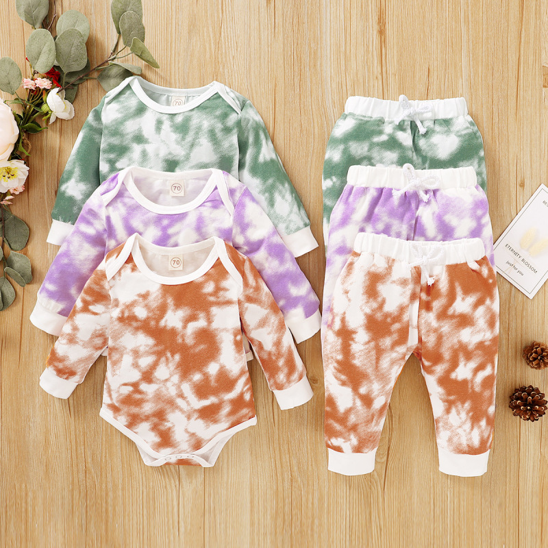 Conyson Wholesale Kids Clothes Spring Long Sleeve Tie -dye Pullover Pants with Headband Unisex 3Pcs Toddler Baby Clothing Set
