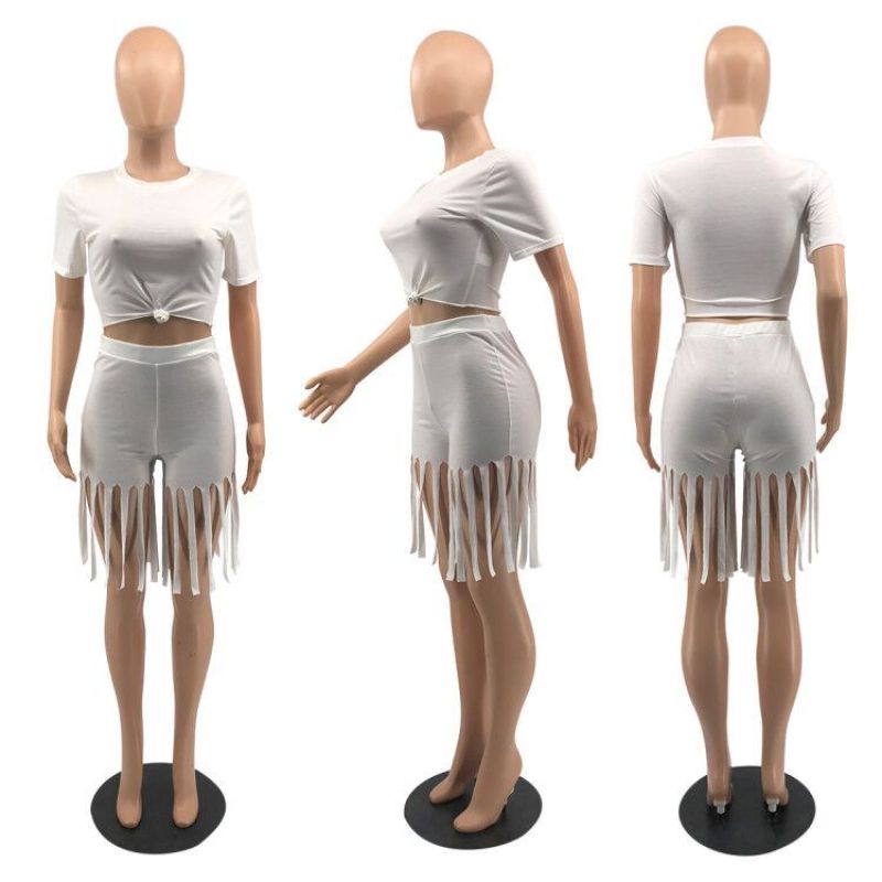 popular fashion summer logo Customized S-5XL women two pieces sport t-shirt tassels shorts suit clothing adult short clothes set