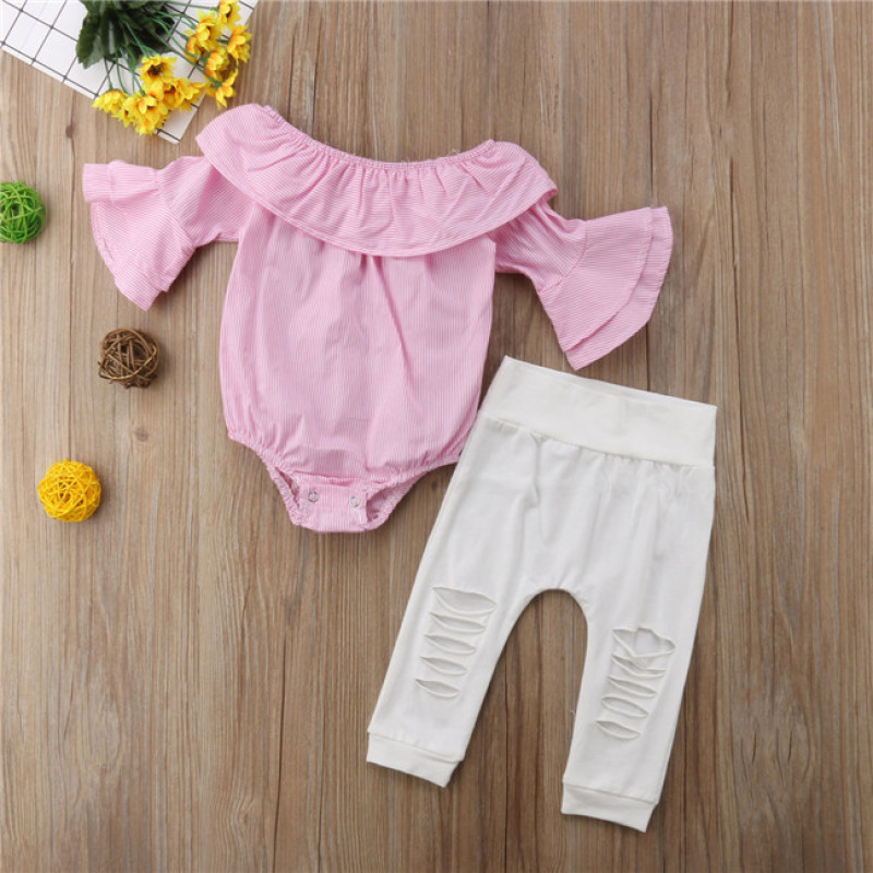 Conyson Girls Clothing Set Girls Off Shoulder Romper +Ripped Jeans Pants Infant Pink Outfits Newborn Clothes Sets