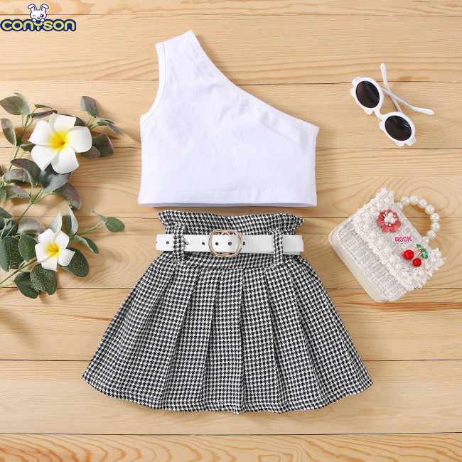 Conyson Bulk Summer A-line Sleeveless Simple Gala Contrast Color Dance Mini Ruffles 2 Pieces Solid Skirts litter Girls Dress