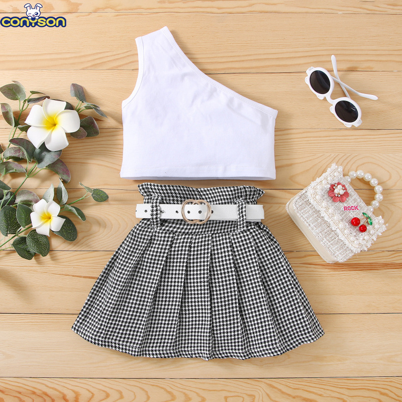 Conyson Bulk Summer A-line Sleeveless Simple Gala Contrast Color Dance Mini Ruffles 2 Pieces Solid Skirts litter Girls Dress
