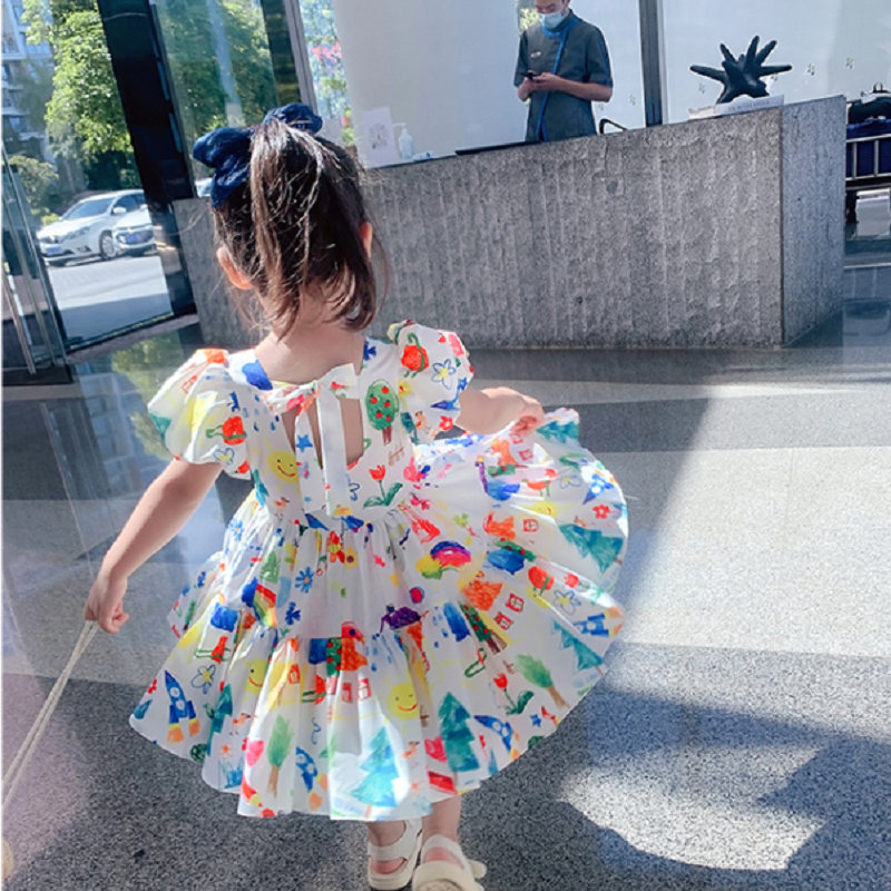 2021 summer new Korean style puff sleeve baby hot-selling children's wear Girls dress Little Kids Clothing