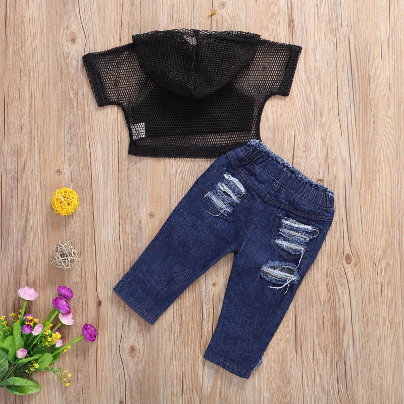 Conyson Girls Clothes Suits Short Sleeve Hoodie Mesh Hollow Out Sweats Black Vest Ripped Jeans Long Pants 3pcs Girl Tracksuits