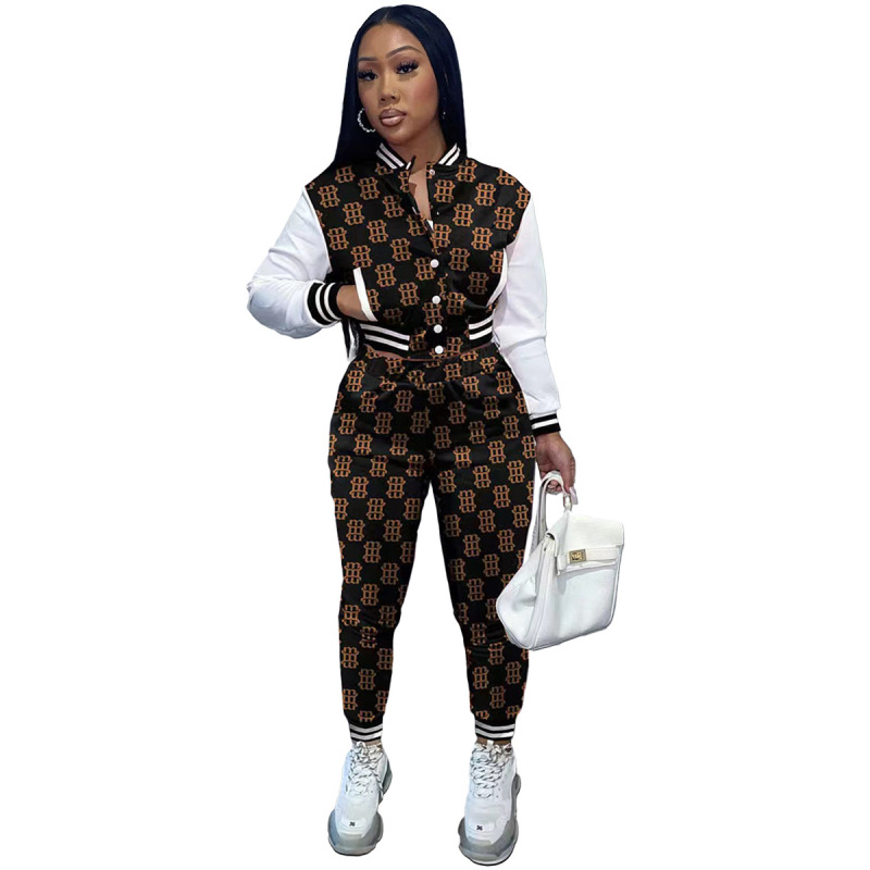 Western Style Amazon Hot Sale Autumn Sweatsuit Fashion Leisure Print Spliced Long-Sleeved Baseball Jacket 2 Pieces Women Suit