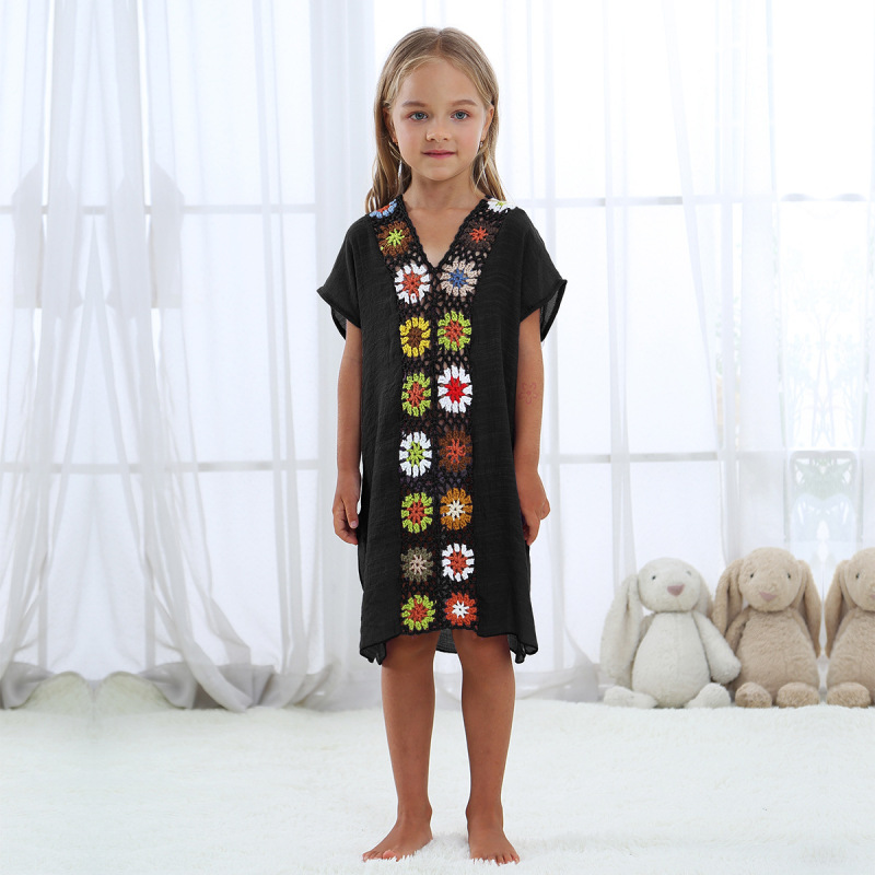 Conyson High Quality Kids short Sleeve Dress 100% polyester hollow out flower pure color Summer Girls Dress Girl Clothes Dress