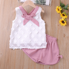 Conyson Wholesale Cute Infant High Quality Summer Sweater Baby Girls' Suit Bow Newborn Clothing Knitting 2 Pieces Girl Sets