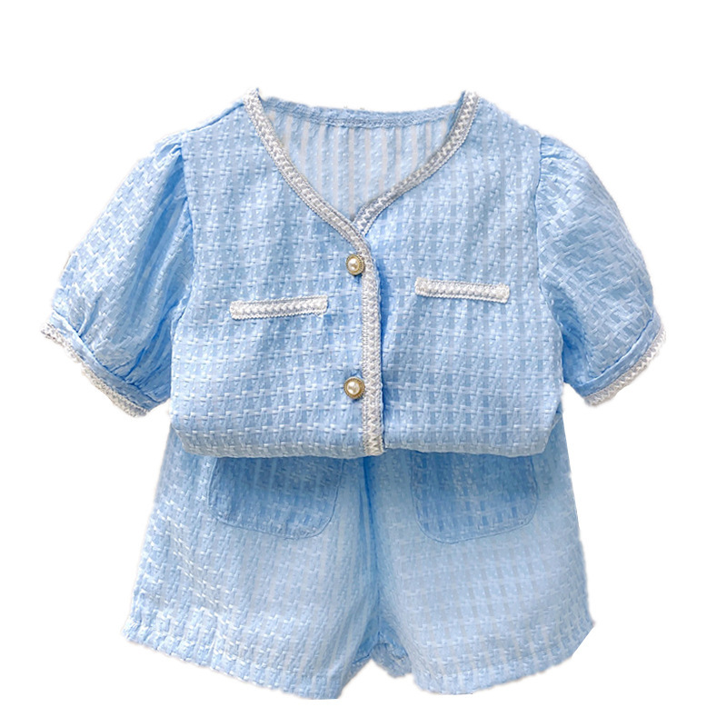 Conyson Hot Sale Toddler girl's suit new little girl fragrant style puff sleeve plaid top and skirt two-piece set