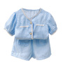 Conyson Hot Sale Toddler girl's suit new little girl fragrant style puff sleeve plaid top and skirt two-piece set