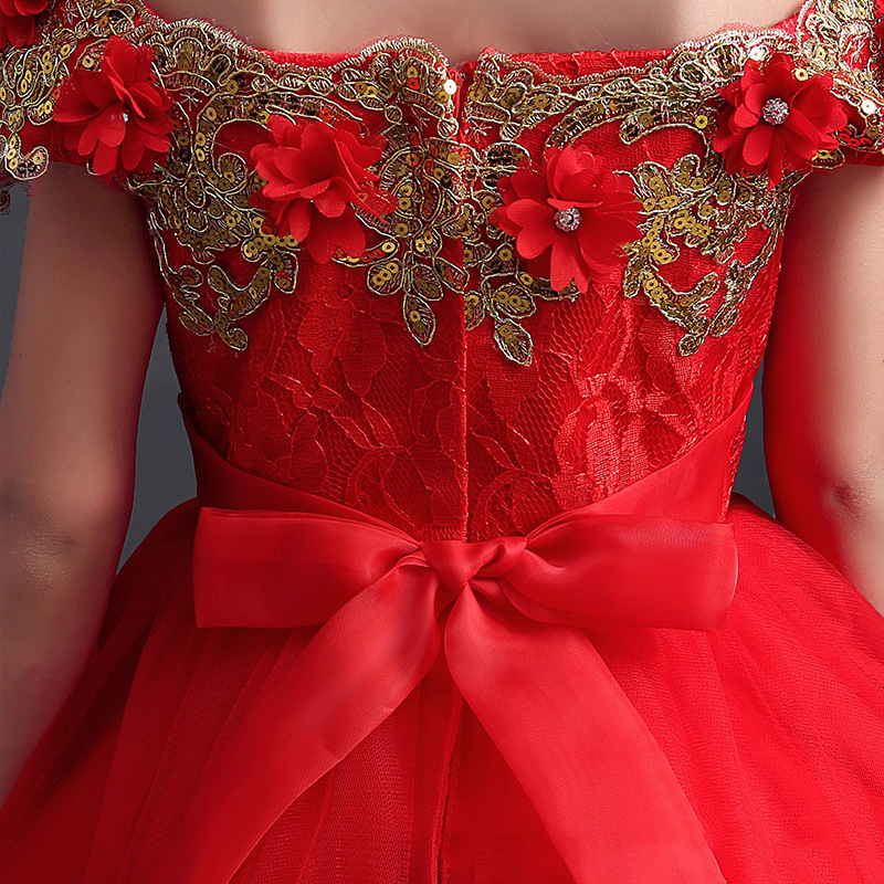 Luxury V Neck Red Short Sleeve Wedding Dress Flower Girl Dresses Kids Apparel Clothes Girl Dress