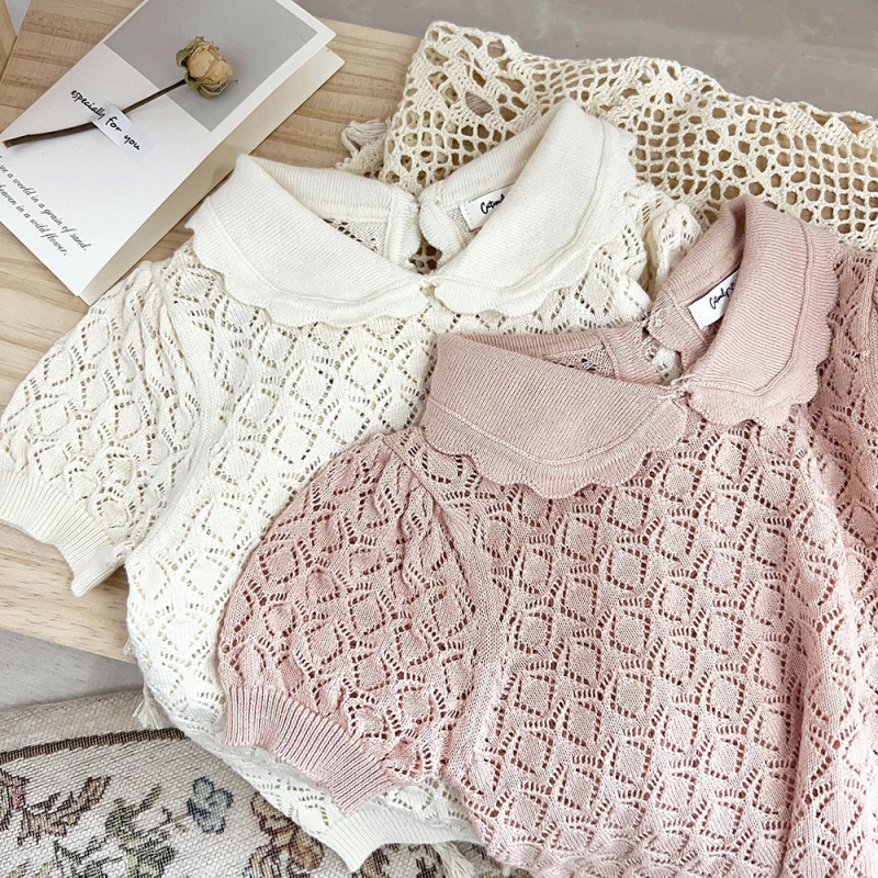 Conyson Custom Wholesale Pullover Lotus Collar Hollow Out Crochet Thin Cute Shorts Sleeve Organic Cotton Toddler Girls Shirts