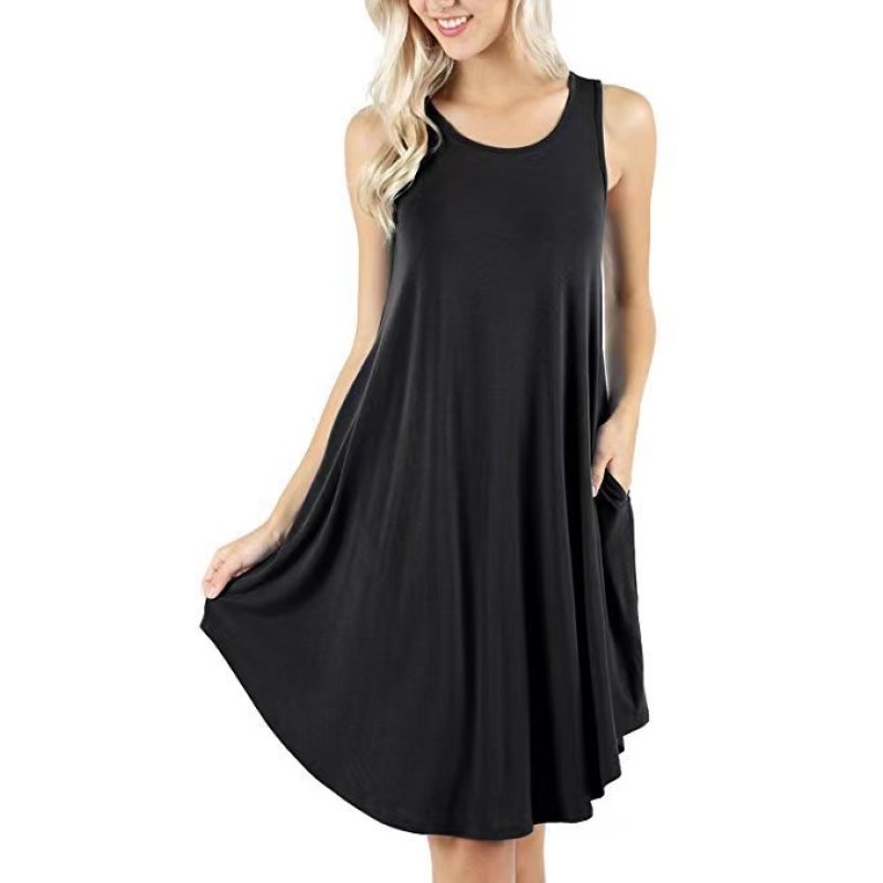 Conyson Factory Direct Price Sleeveless With Pockets 0-Neck Fashion Solid Splicing Casual Swing Plus Size Loose Woman Dress