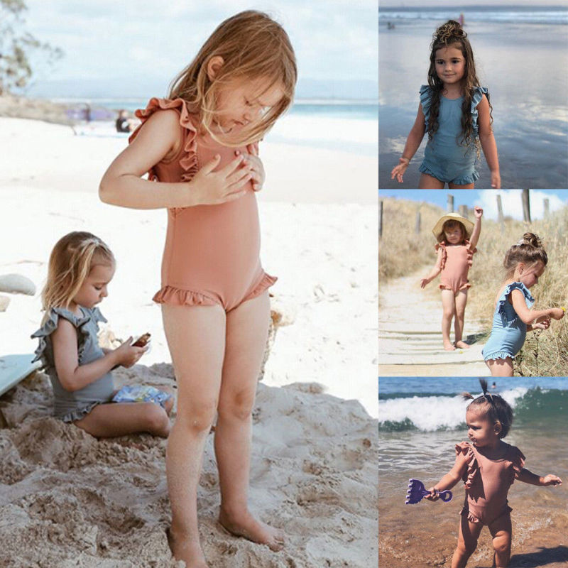 Conyson Cute Toddler Kids Baby Girls Swimwear Ruffles Sleeve Solid One Piece Summer Swimsuit Bathing Suit Bikini Clothes Kids